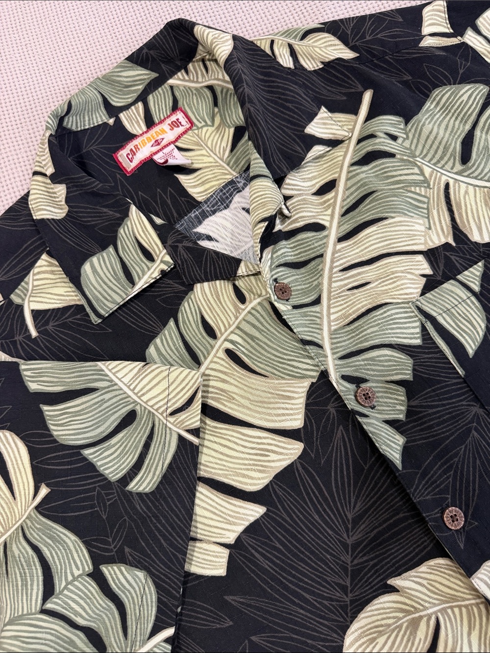 Caribbean Joe Black Shirt with Light Green and Cream Palm Print